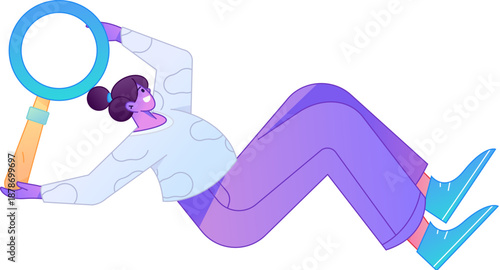 Vector illustration of a person holding a magnifying glass searching, studying, and observing.
