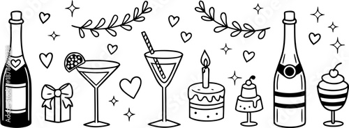 Romantic Hand-Drawn Celebration Collection Featuring Champagne, Cocktails, Cake, and Gift Box - Perfect for Party Invitations and Decorations