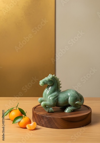 Green Jade Horse Figurine on Wooden Base with Oranges, Symbol of Luck and Prosperity