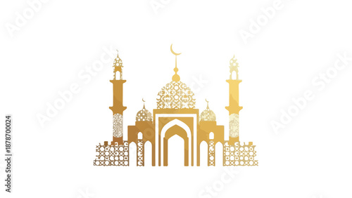 Golden Mosque Illustration with Intricate Islamic Geometric Patterns
