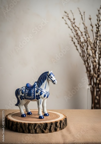 Ornate Blue and White Porcelain Horse Figurine on Wood Slice, Floral Patterns, Rustic Decor