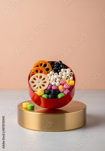 Colorful Candies and Dried Lotus Root Snacks in Red Bowl on Gold Pedestal