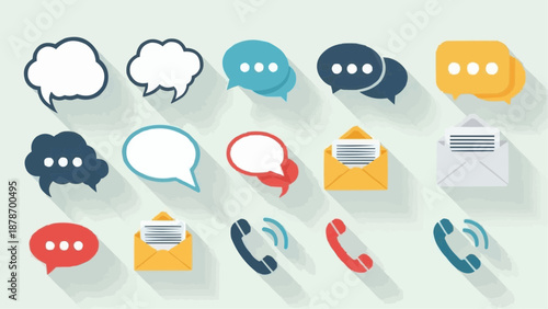 A colorful collection of chat bubbles envelopes and telephones illustrates modern communication methods and digital interaction