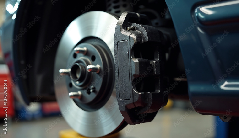 Fototapeta premium Close up of disc brake on a car in a professional automotive repair shop.