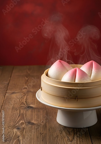 Steaming Peach Buns in Bamboo Steamer Basket, Chinese Traditional Food, Rustic Wood Background
