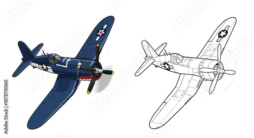 Detailed World War Two Fighter Plane Illustration for Historical and Military Design