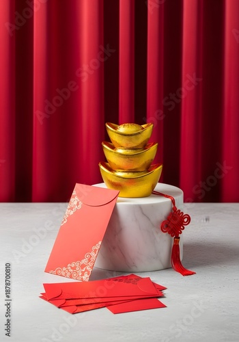 Golden Ingots Stacked with Red Envelopes Symbolizing Chinese New Year Wealth and Fortune