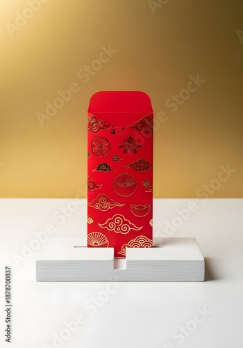 Red Chinese New Year Envelope with Gold Clouds, Traditional Lucky Money Gift