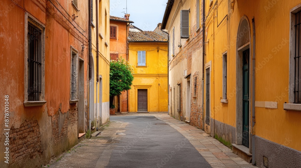 Fototapeta premium Charming Narrow Street in a Colorful Italian Village with Vibrant Walls and Calm Atmosphere Perfect for Travel and Lifestyle Photography