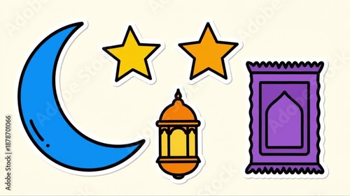 Sticker ramadhan kareem iftar collection in comic Flat 2D vector outline illustration