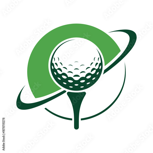 Golf ball on tee with green curved swoosh design element  sports logo icon