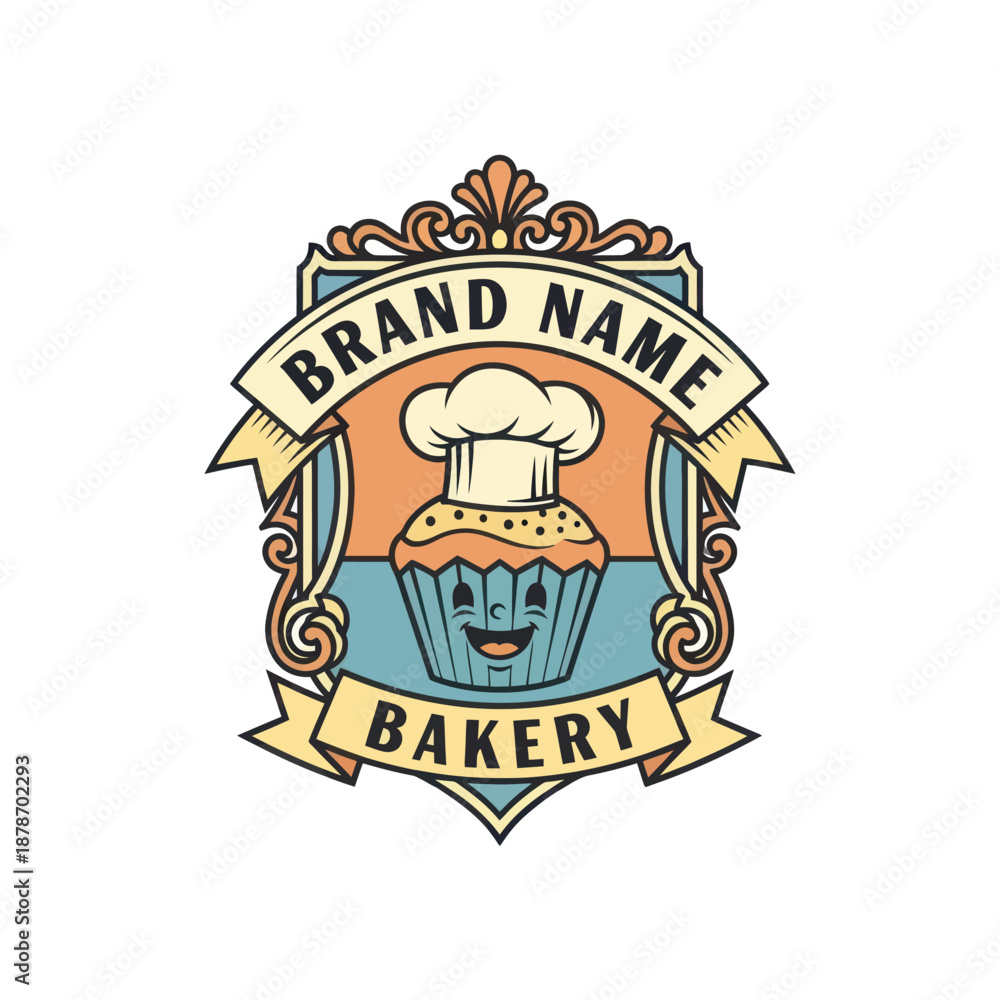 Obraz premium Bakery Logo with Cupcake and Chef Hat.