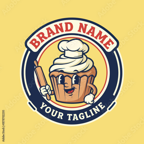 Cartoon Cupcake Mascot with Rolling Pin.