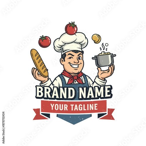 Cartoon Chef Holding Bread and Pot.