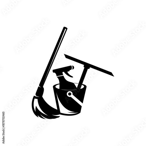 Cleaning tools logo design template. Glass cleaner, sprayer, and bucket cleaning product vector design. Spring cleaning logo.