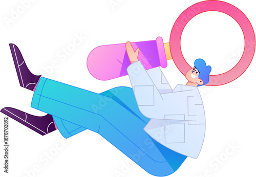 Vector illustration of a person holding a magnifying glass searching, studying, and observing.
