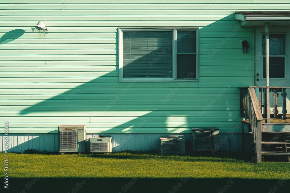 Fototapeta premium Mint Green House Exterior with Shadows