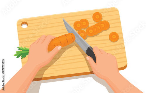 Chef hands chopping fresh carrots, preparing healthy vegetables on cutting board, top view