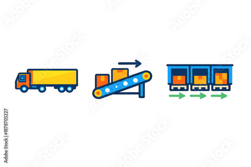 Logistics process icons: delivery truck, conveyor belt, and warehouse