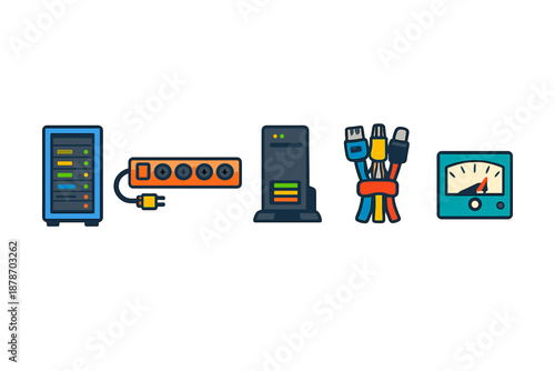 Tech Icons: Server, Power Strip, Computer Tower, Cables, Meter