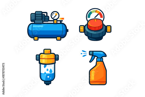 Set of four stylized icons representing industrial or workshop equipment