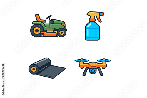Set of four icons with lawn care and technology elements
