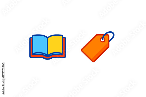 Open book and price tag icons with neon glow