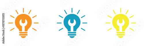 Colorful light bulb icons with wrench symbol. Wrench and hammer with light bulb. Service and technical support concept. Icon set