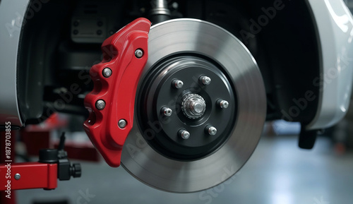 Close up of disc brake on a car in a professional automotive repair shop.