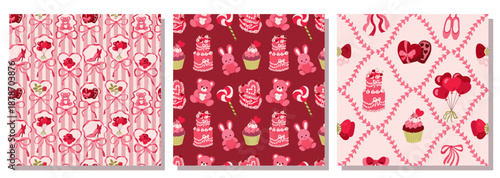 Valentine's Day Flat Pattern Set. 3 Seamless Backgrounds with Toys, Sweets, Damask