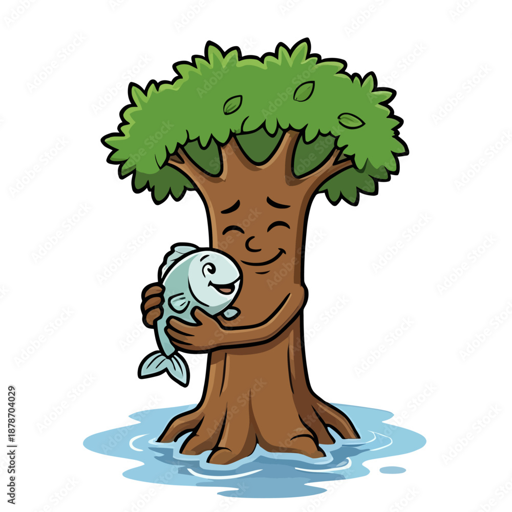 Obraz premium A smiling tree hugging a fish in the water with lush green leaves from its branches viewed from the side