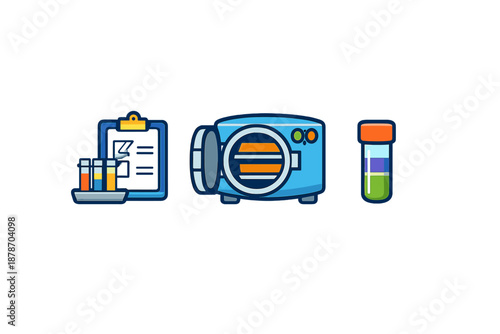 Lab equipment icons: clipboard, autoclave, test tube