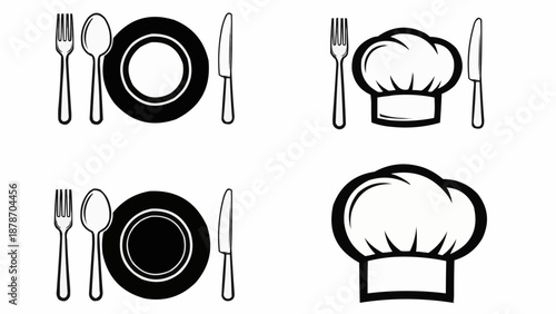 A minimalistic black and white illustration depicting culinary tools plates and a chef s hat arranged in pairs