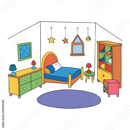 Cozy kid bedroom with bright colors, playful decor, comfy bed, toy storage, and study nook, creating a cheerful, safe space for rest, learning, and imagination.
