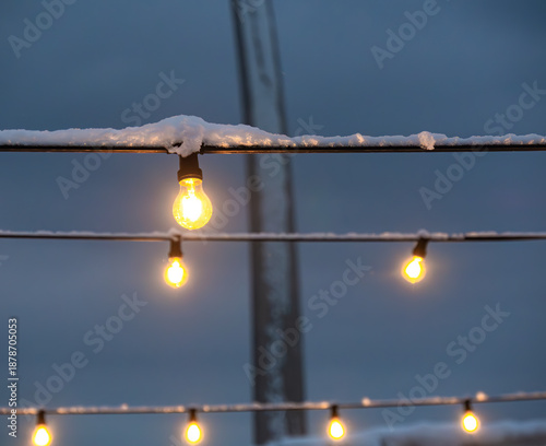 Snow-Covered String Lights in Winter Evening