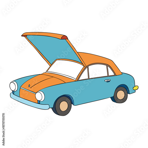 A sleek car with its hood open, revealing the engine and inner workings, set against a clean background, highlighting power, mechanics, and automotive detail.
