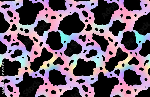 Abstract cow rainbow pattern background. Vector animal skin print, cute black dalmatian spots on holographic background. Natural stylized spotted foil texture for decor, wrapping, cover, wallpaper.