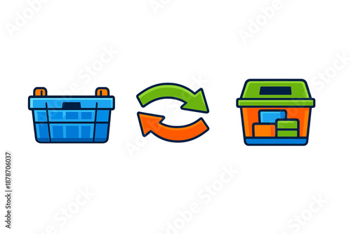 Shopping cart and trash can icons with arrows