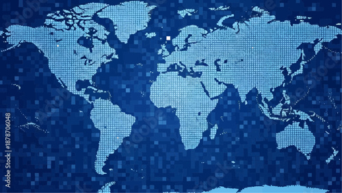 A digital representation of the world map showcasing a blue pixelated design with highlighted areas high quality