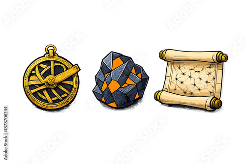 Vintage icons of a compass, ore, and treasure map