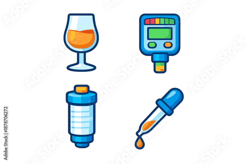 Set of four medical and laboratory icons on dark background