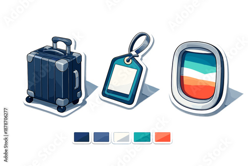 Travel icons with luggage, tag, and airplane window