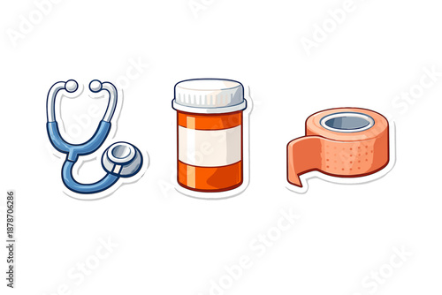 Medical icons: stethoscope, pill bottle, and medical tape