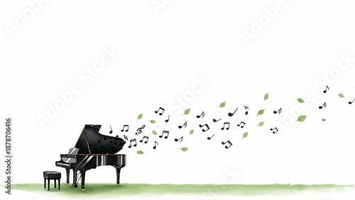 Elegant watercolor illustration of a grand piano with musical notes and leaves flowing into the air, evoking a sense of harmony and nature's melody
