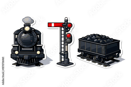 Steam Locomotive, Railroad Signal, and Coal Car Sticker Pack
