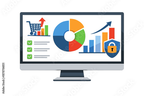Computer screen displaying business growth and security analysis