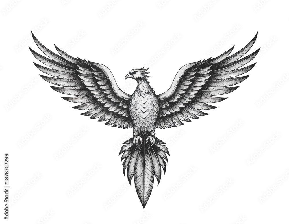 Obraz premium Detailed black and white phoenix illustration with outstretched wings and flowing tail feathers