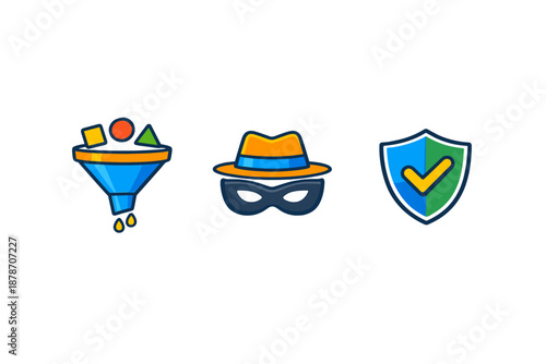 Set of three icons: funnel, incognito, and shield
