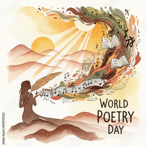 Creative Inspiration: Woman Writing Poetry at Sunset with Musical Notes