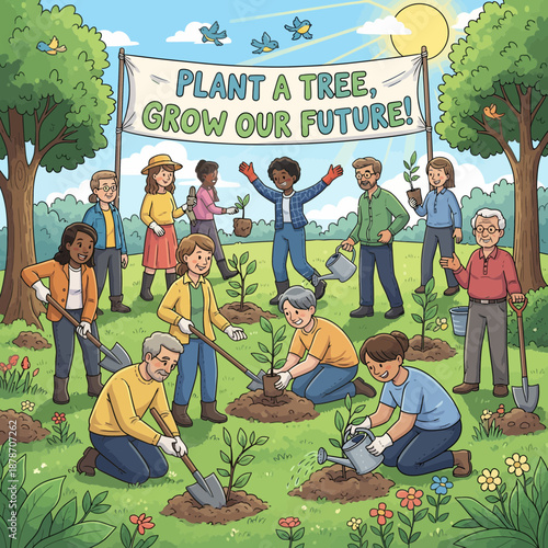 Diverse group of people planting trees together in a sunny park to grow future